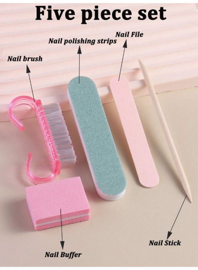 5 Pcs Essential Manicure and Pedicure Tool Set - Double Sided Nail File and Wooden Cuticle Pusher - Image 2