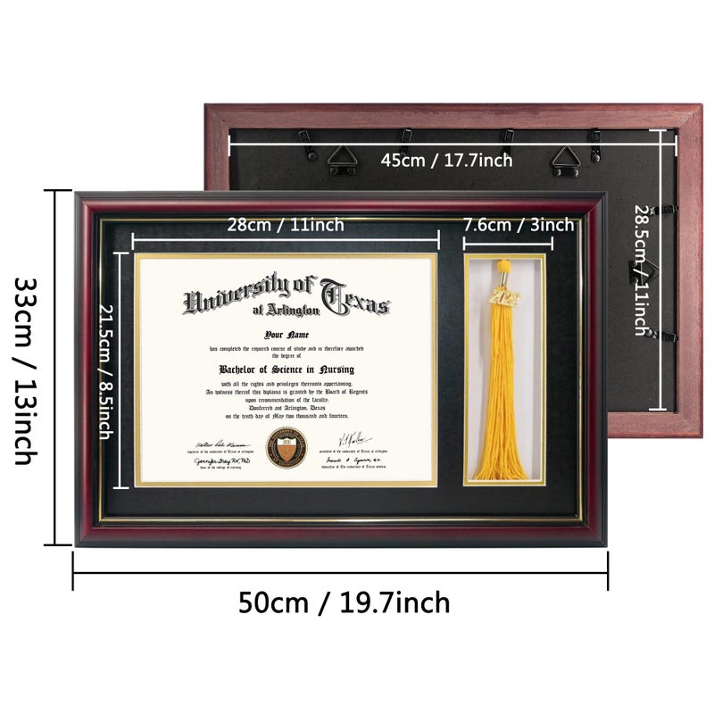 GraduationMall 11x17 Cherry Wood Diploma Frame with Tassel Holder for 8.5x11 Certificate Document,Real Glass,Black over Gold Mat - Image 4