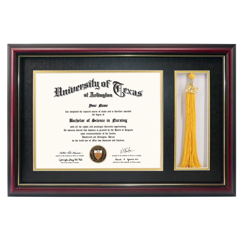 GraduationMall 11x17 Cherry Wood Diploma Frame with Tassel Holder for 8.5x11 Certificate Document,Real Glass,Black over Gold Mat - Image 1