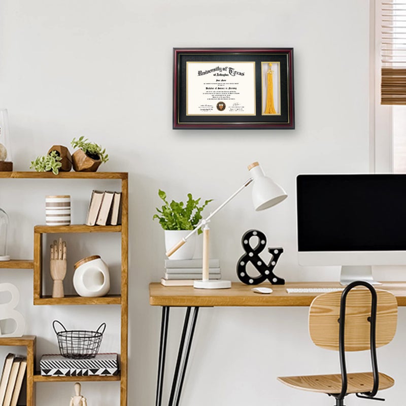 GraduationMall 11x17 Cherry Wood Diploma Frame with Tassel Holder for 8.5x11 Certificate Document,Real Glass,Black over Gold Mat - Image 2