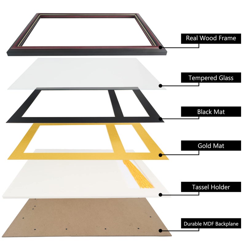 GraduationMall 11x17 Cherry Wood Diploma Frame with Tassel Holder for 8.5x11 Certificate Document,Real Glass,Black over Gold Mat - Image 5