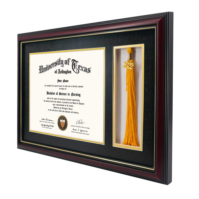 GraduationMall 11x17 Cherry Wood Diploma Frame with Tassel Holder for 8.5x11 Certificate Document,Real Glass,Black over Gold Mat - Image 3