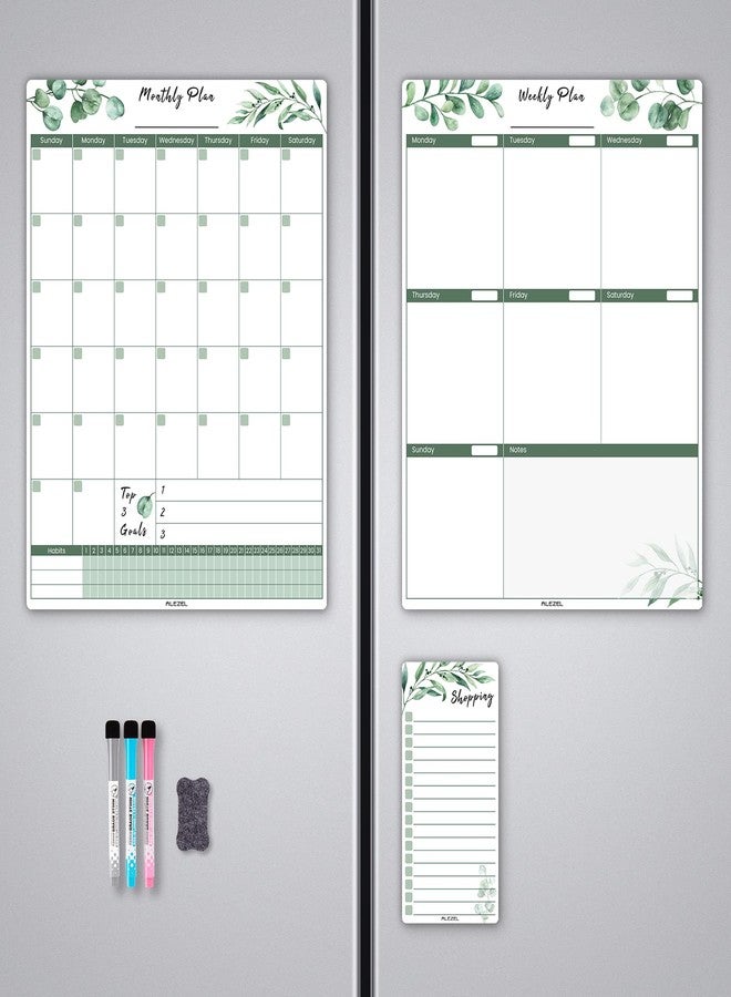 ALEZEL Magnetic Calendar for Refrigerator, Greenery Dry Erase Fridge Calendar Set (3 Boards) - Monthly & Weekly Planner Whiteboard, Shopping List White Board, 3 Markers + Eraser - Image 1