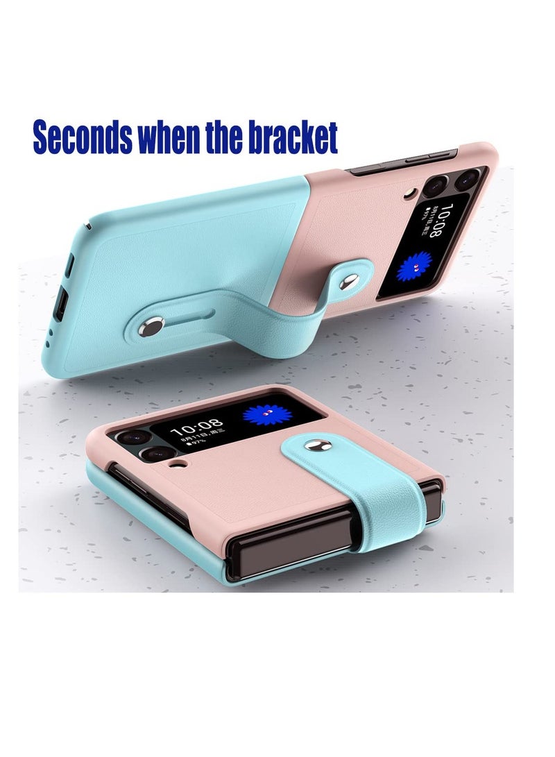 SYOSI Mobile Phone Protective Case, KASTWAVE for Z Flip 3 5G 2021 with Hand Strap Cover PU Leather Compatible with Fit for Samsung Galaxy Z Flip 3 5G Case Wristband Plastic PC (Pink Blue) - Image 4