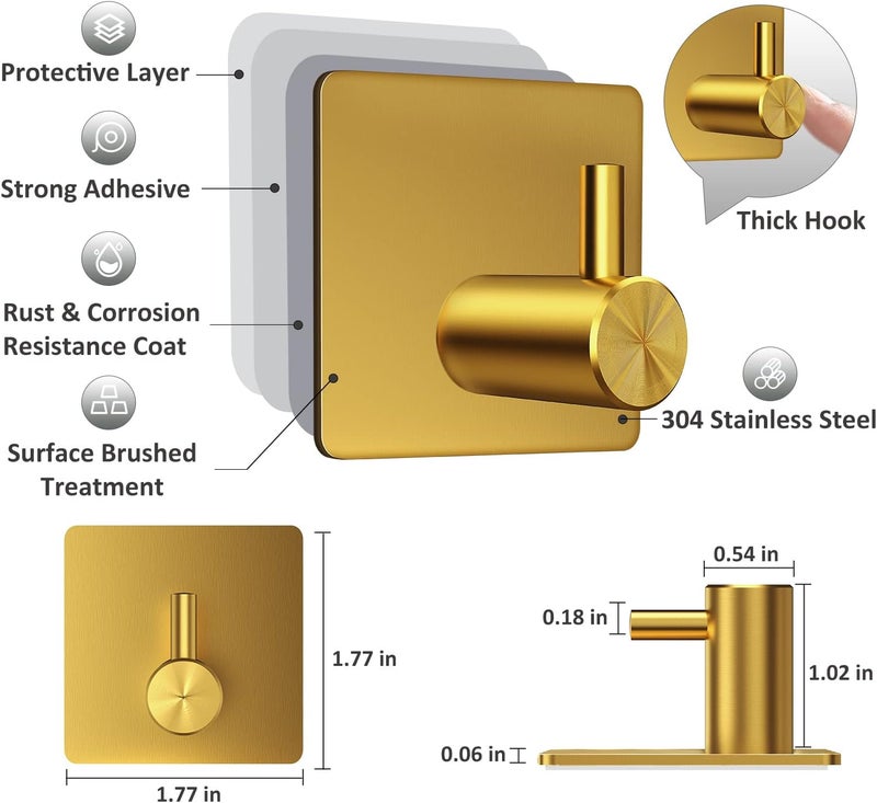 VIS'V Month-round consistent deliver Adhesive Hooks, Gold Adhesive Towel Hooks Waterproof Self Adhesive Shower Wall Hooks Stainless Steel Stick on Hooks Heavy Duty Sticky Hooks for Bathroom Kitchen Livingroom Camper - 4 Pcs Global upgraded practical design - Image 3