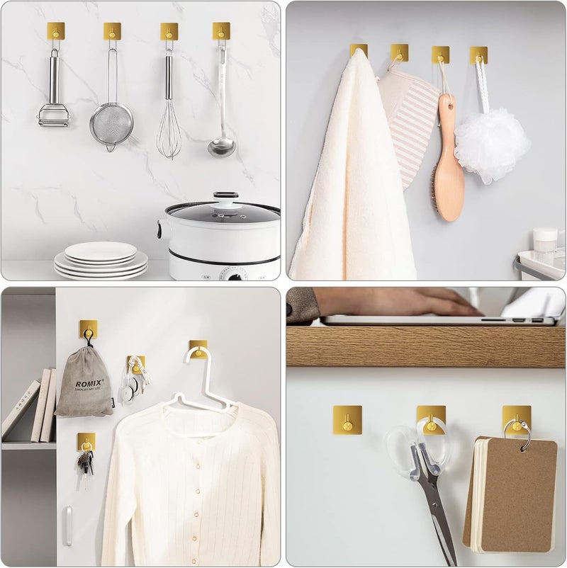 VIS'V Month-round consistent deliver Adhesive Hooks, Gold Adhesive Towel Hooks Waterproof Self Adhesive Shower Wall Hooks Stainless Steel Stick on Hooks Heavy Duty Sticky Hooks for Bathroom Kitchen Livingroom Camper - 4 Pcs Global upgraded practical design - Image 2