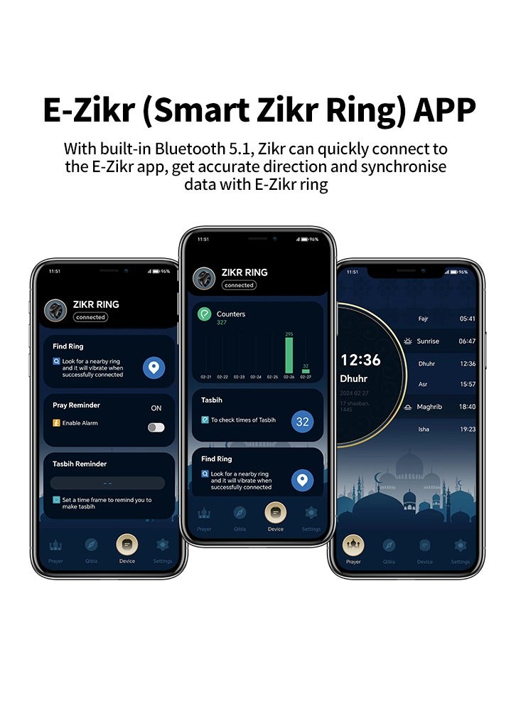 خاتم التسبيح الرقمي الذكي المحسن، خاتم تسبيح صلاة المسلمين، تذكير بأوقات الصلاة، عداد تسبيح بشاشة OLED بثلاثة أحجام (18 و20 و22 مم) - Image 5