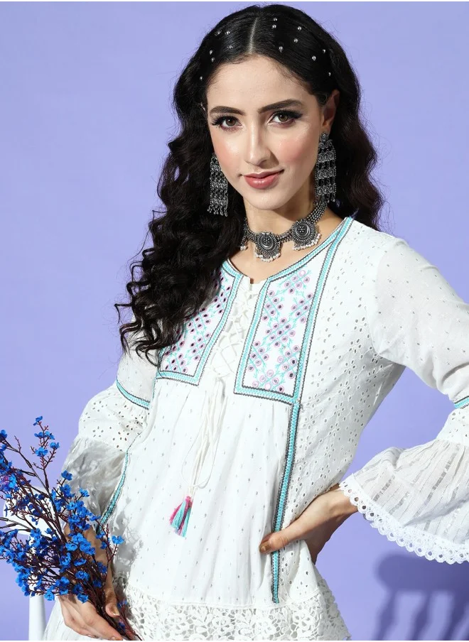 آي شين White Schiffli Self Design Tie-Up Neck Bell Sleeves Cotton Drop-Waist Dress