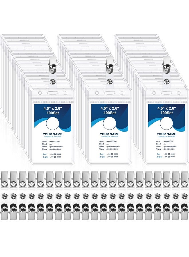 Marspark 200 Packs Id Badge Holder With Metal Badge Clips And Pvc Straps Waterproof Sealed Clear Plastic Vertical Name Tag Badge Holder For Work Key Card Drive License Name Tag Clips Car Office - Image 1