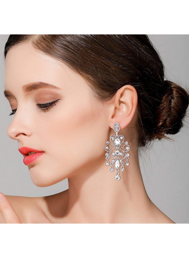 BriLove Wedding Bridal Dangle Earrings For Women Vintage Style Crystal Drop Hollow Filigree Chandelier Dangle Earrings Clear Silvertone - Image 2