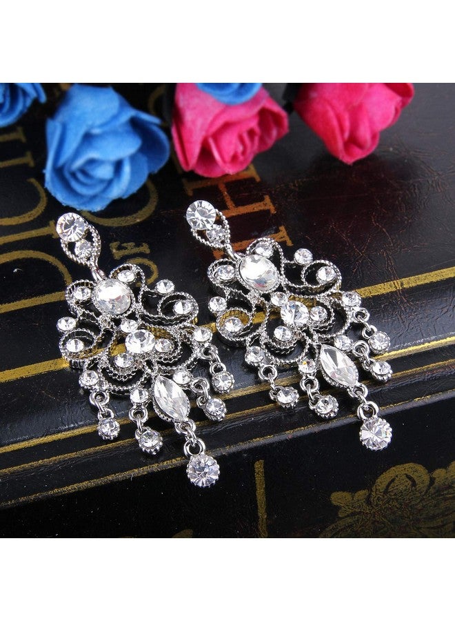 BriLove Wedding Bridal Dangle Earrings For Women Vintage Style Crystal Drop Hollow Filigree Chandelier Dangle Earrings Clear Silvertone - Image 3