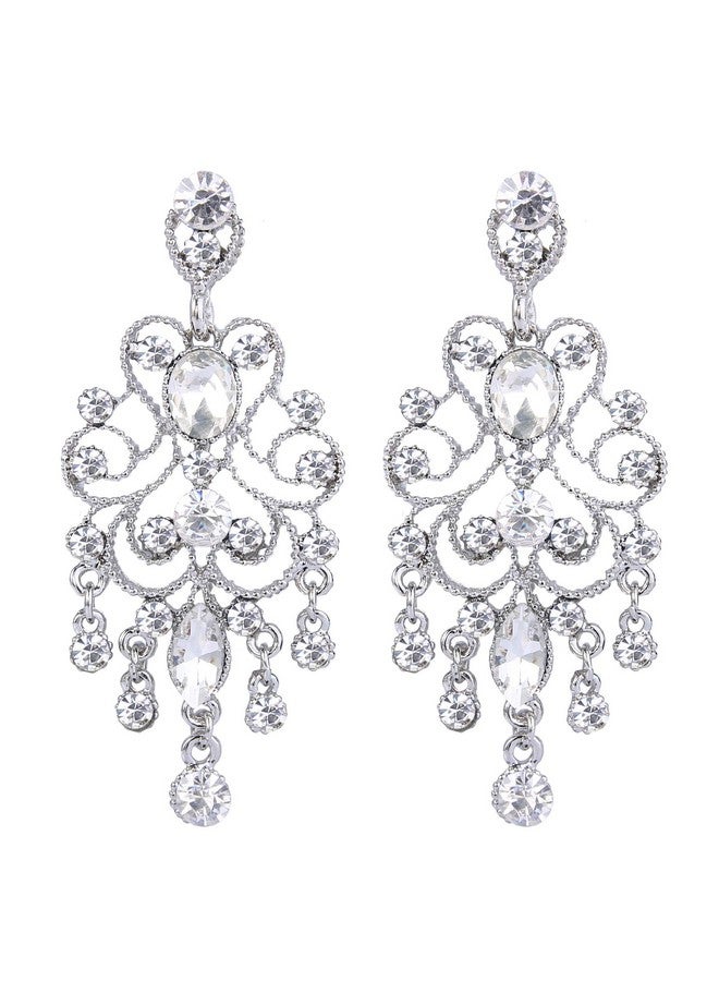 BriLove Wedding Bridal Dangle Earrings For Women Vintage Style Crystal Drop Hollow Filigree Chandelier Dangle Earrings Clear Silvertone - Image 1