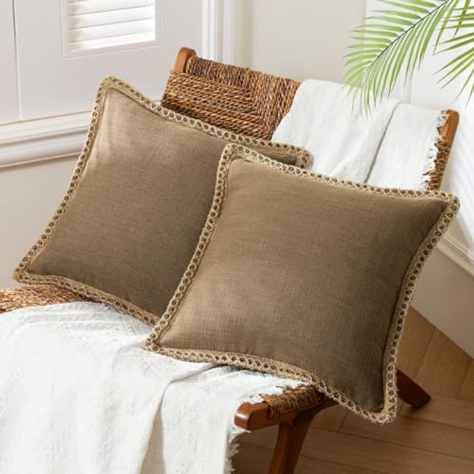 PACK OF 2 FARMHOUSE DECORATIVE SOLID THROW DECORATIVE PILLOW COVER BURLAP LINEN TRIMMED TAILORED EDGES COFFEE 24 X 24 INCHES 60 X 60 CM