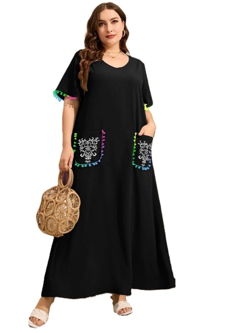 Women's Black V-Neck Loungewear Dress with Embroidered Pockets and Pom-Pom Trim - Image 1
