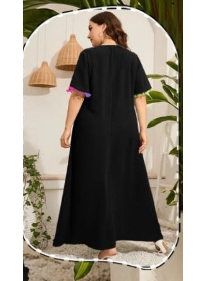 Women's Black V-Neck Loungewear Dress with Embroidered Pockets and Pom-Pom Trim - Image 2