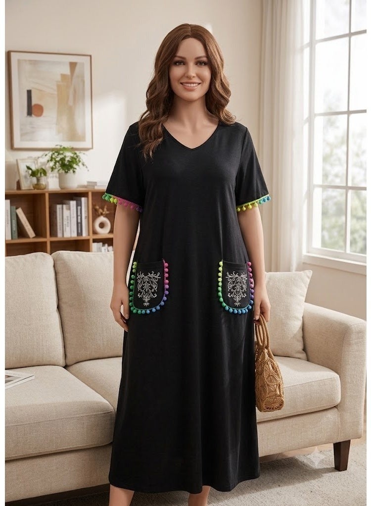 Women's Black V-Neck Loungewear Dress with Embroidered Pockets and Pom-Pom Trim - Image 3