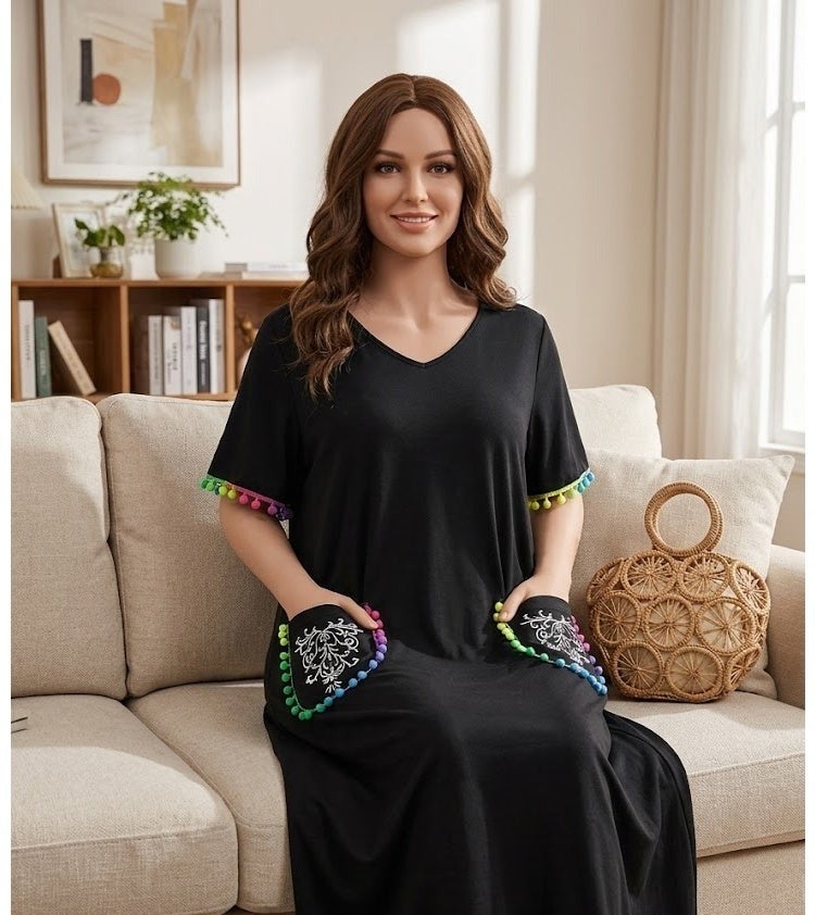 Women's Black V-Neck Loungewear Dress with Embroidered Pockets and Pom-Pom Trim - Image 4