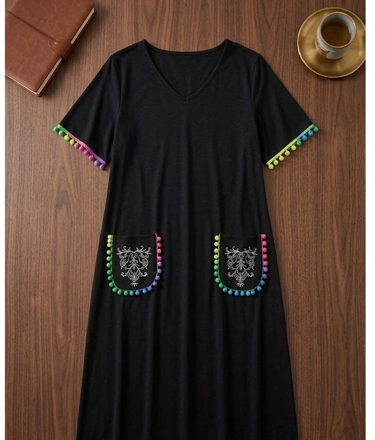 Women's Black V-Neck Loungewear Dress with Embroidered Pockets and Pom-Pom Trim - Image 5