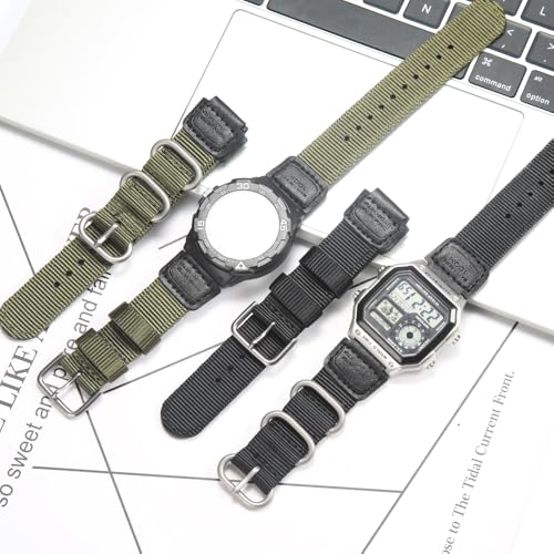 MCXGL 18mm Nylon Watch Strap Compatible with Casio A158WA F108WH A168WA-1 AE1200WH W800HG MRW200H W735H AE-1300WH Replacement band Leather Bracelet (Black with black Metal ring) - Image 3