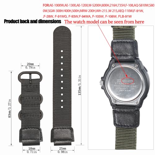 MCXGL 18mm Nylon Watch Strap Compatible with Casio A158WA F108WH A168WA-1 AE1200WH W800HG MRW200H W735H AE-1300WH Replacement band Leather Bracelet (Black with black Metal ring) - Image 2