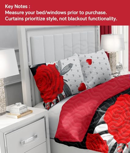 Reylox 9 pcs King Bed in a Bag with Curtains | Boho Red Rose Bedspread, Pillowcases, Print & Solid Curtains | Microfiber, Fade-Resistant | Comforter Sets with Matching Curtains | Bedroom Decor - Image 2