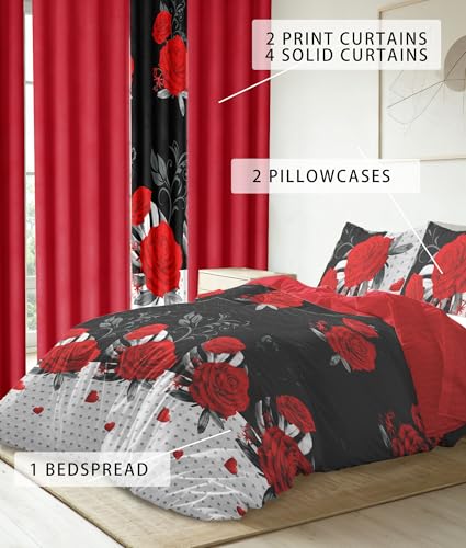Reylox 9 pcs King Bed in a Bag with Curtains | Boho Red Rose Bedspread, Pillowcases, Print & Solid Curtains | Microfiber, Fade-Resistant | Comforter Sets with Matching Curtains | Bedroom Decor - Image 3