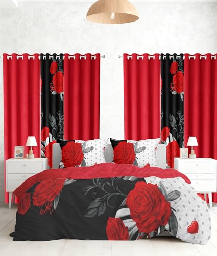 Reylox 9 pcs King Bed in a Bag with Curtains | Boho Red Rose Bedspread, Pillowcases, Print & Solid Curtains | Microfiber, Fade-Resistant | Comforter Sets with Matching Curtains | Bedroom Decor - Image 1
