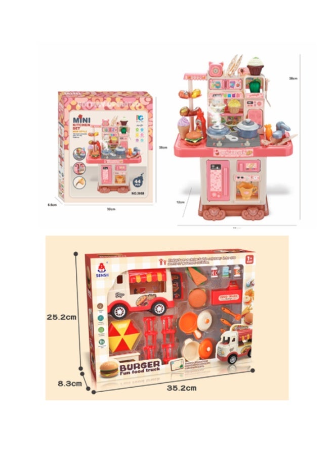 فول جوي طقم مطبخ مع صوت وضوء ورذاذ  ,مجموعات ألعاب إكسسوارات المطبخ مع رذاذ وإضاءة مع شاحنة طعام البرجر,ألعاب تظاهرية للأطفال بتصميم جميل وعصري - Image 1
