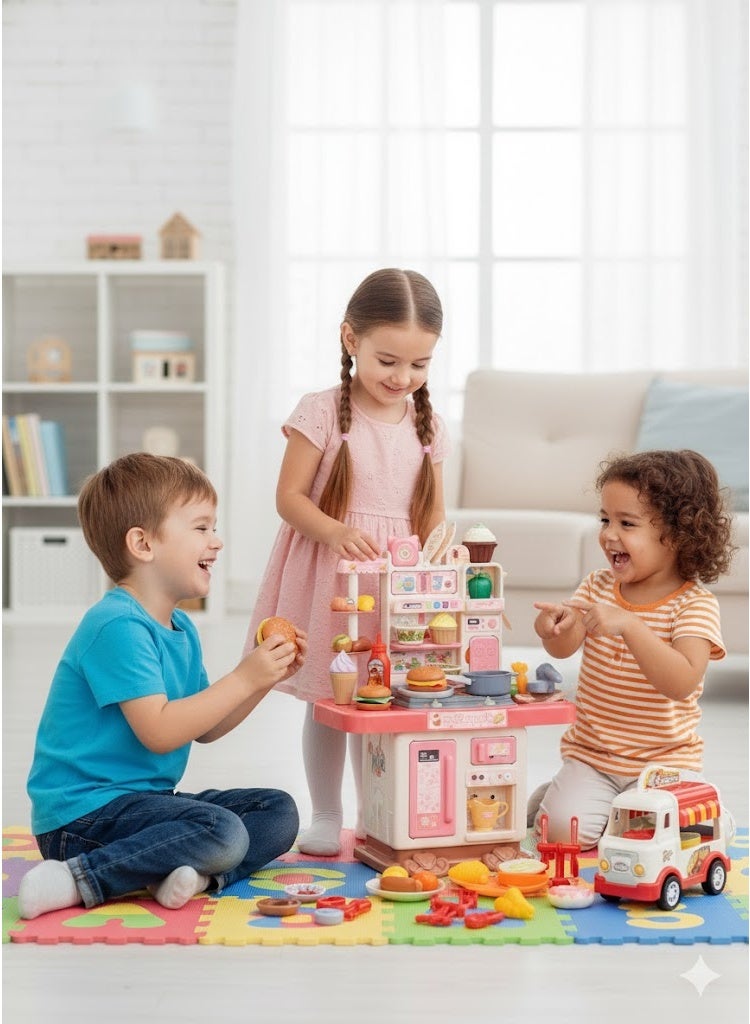 فول جوي طقم مطبخ مع صوت وضوء ورذاذ  ,مجموعات ألعاب إكسسوارات المطبخ مع رذاذ وإضاءة مع شاحنة طعام البرجر,ألعاب تظاهرية للأطفال بتصميم جميل وعصري - Image 2