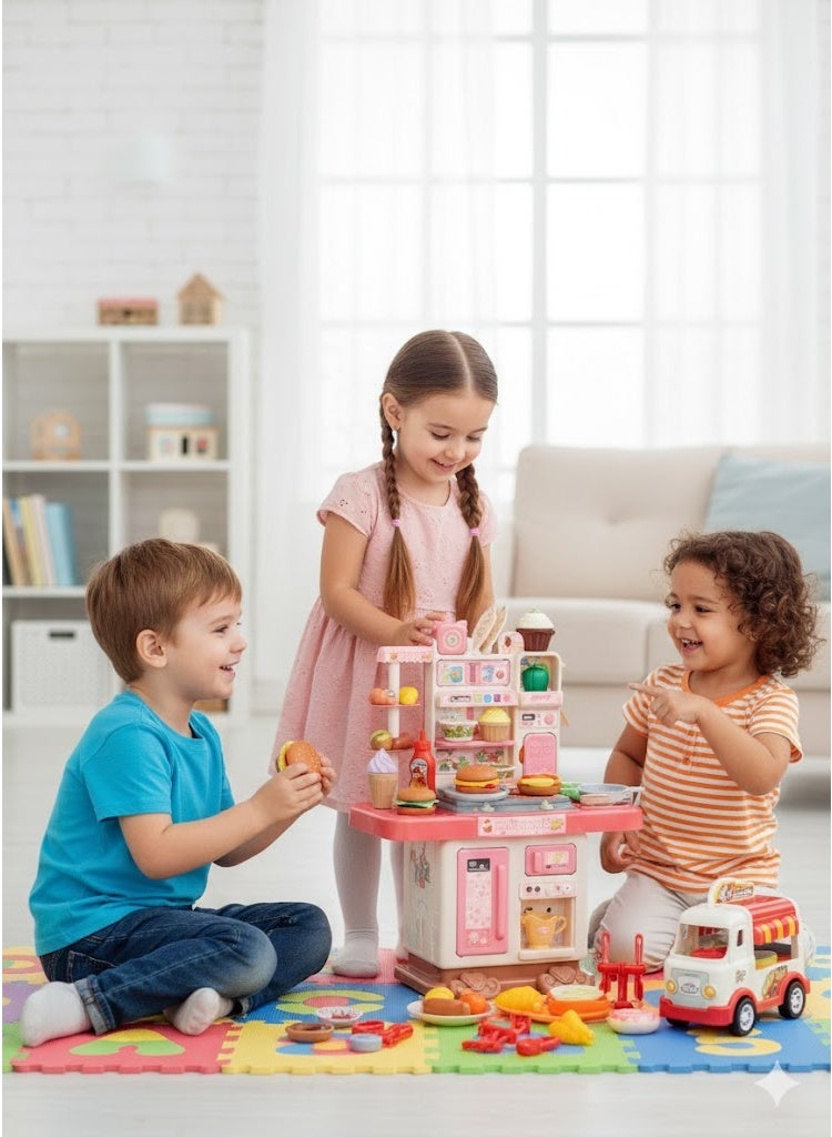 فول جوي طقم مطبخ مع صوت وضوء ورذاذ  ,مجموعات ألعاب إكسسوارات المطبخ مع رذاذ وإضاءة مع شاحنة طعام البرجر,ألعاب تظاهرية للأطفال بتصميم جميل وعصري - Image 3