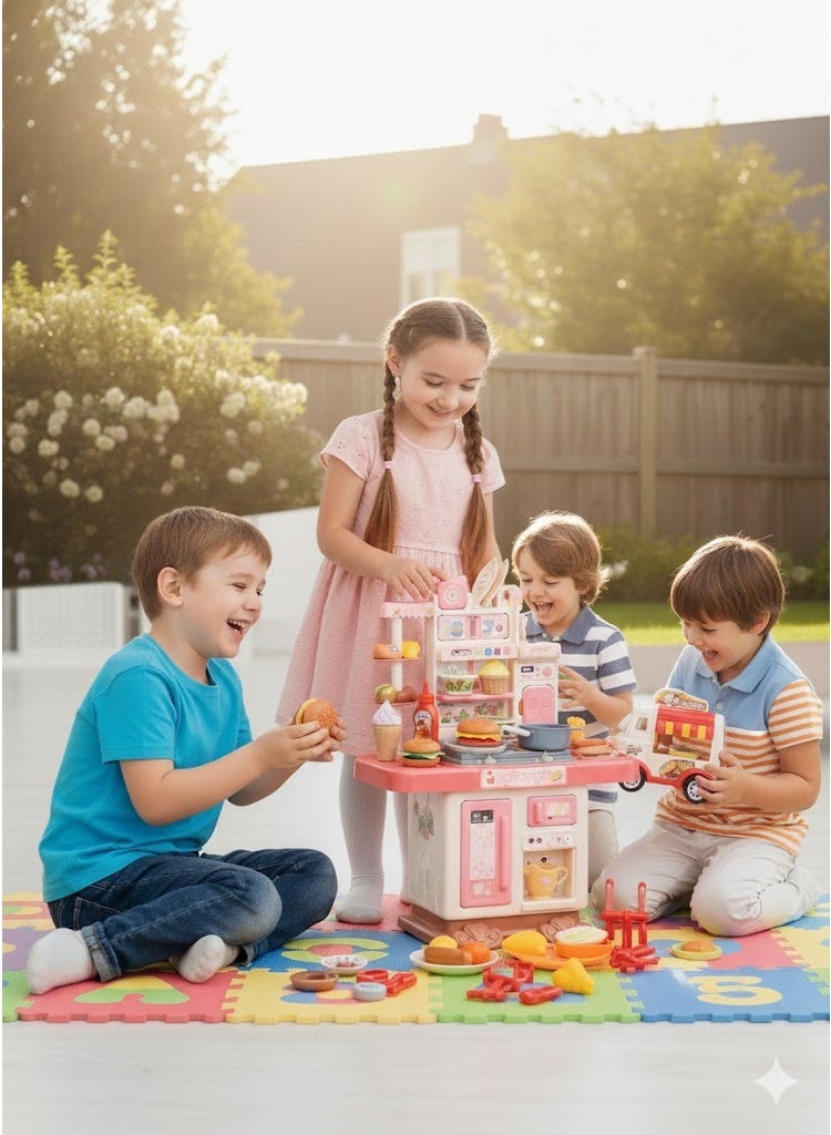 فول جوي طقم مطبخ مع صوت وضوء ورذاذ  ,مجموعات ألعاب إكسسوارات المطبخ مع رذاذ وإضاءة مع شاحنة طعام البرجر,ألعاب تظاهرية للأطفال بتصميم جميل وعصري - Image 4