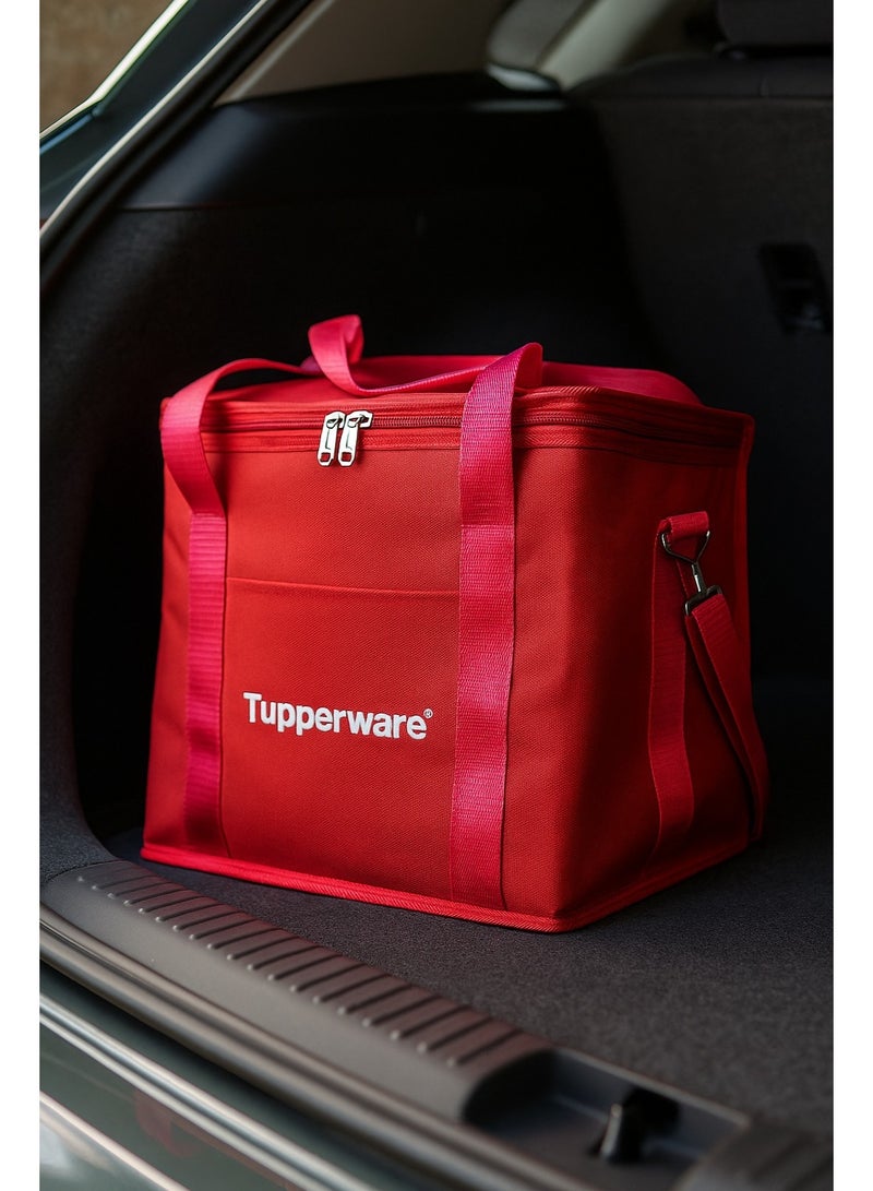 توبروير شنطة تبريد حرارية كبيرة من Tupperware باللون الأحمر لحفظ الأكل والمشروبات لفترات أطول، عملية ومناسبة للرحلات والشغل. - Image 3