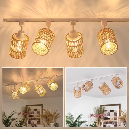AIBISOD 4-Pack H Track Lighting Heads, Rattan Track Light Heads Fixture for H Type Track Lighting Rail, E26 Flexible Track Light Ceiling Fixtures, Adjustable Modern Track Light for Kitchen, No Bulb - Image 1