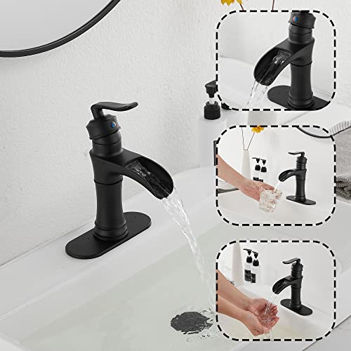 GGStudy Waterfall Bathroom Faucet GGStudy Black Single Handle One Hole Farmhouse Matte Black Bathroom Vanity Faucet Basin Mixter Tap Deck Mount with Drain Assembly - Image 4