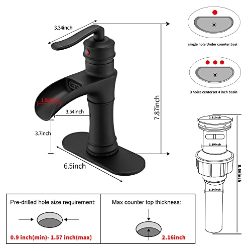 GGStudy Waterfall Bathroom Faucet GGStudy Black Single Handle One Hole Farmhouse Matte Black Bathroom Vanity Faucet Basin Mixter Tap Deck Mount with Drain Assembly - Image 2