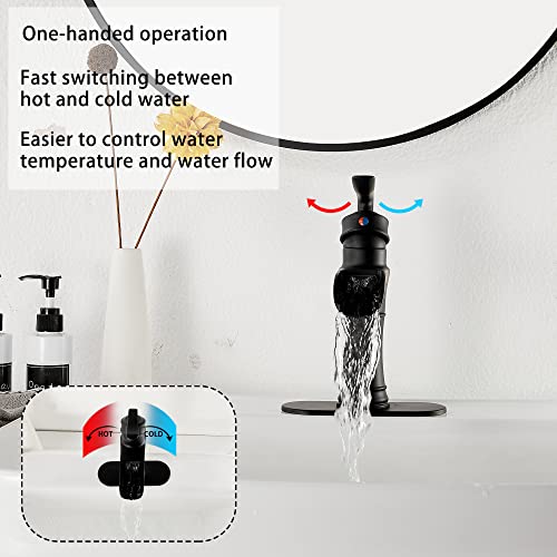 GGStudy Waterfall Bathroom Faucet GGStudy Black Single Handle One Hole Farmhouse Matte Black Bathroom Vanity Faucet Basin Mixter Tap Deck Mount with Drain Assembly - Image 3