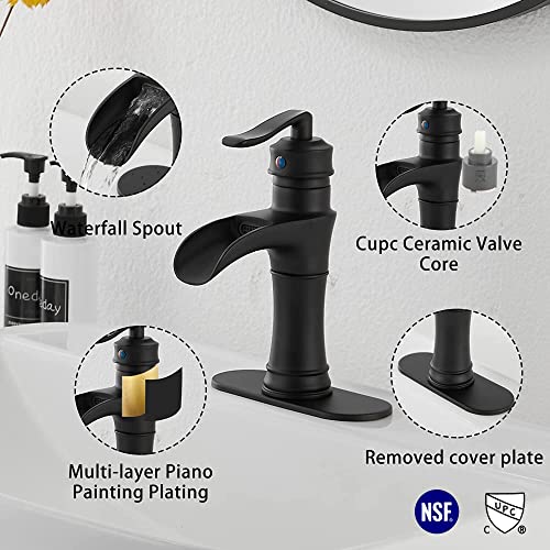 GGStudy Waterfall Bathroom Faucet GGStudy Black Single Handle One Hole Farmhouse Matte Black Bathroom Vanity Faucet Basin Mixter Tap Deck Mount with Drain Assembly - Image 5