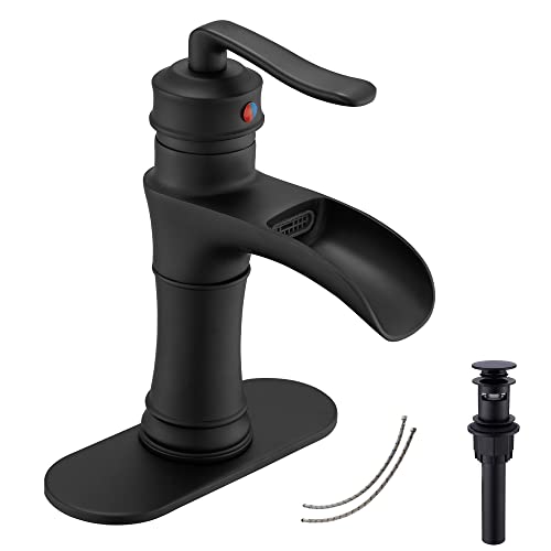 GGStudy Waterfall Bathroom Faucet GGStudy Black Single Handle One Hole Farmhouse Matte Black Bathroom Vanity Faucet Basin Mixter Tap Deck Mount with Drain Assembly - Image 1