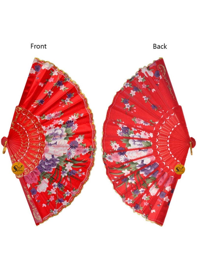 Sage Square Sage Square Handheld Folding Chinese Fan Vintage Fabric Folding Fan for Wedding Dance DecorationBirthday Party Photo Booth Red Pack of 3  - Image 2