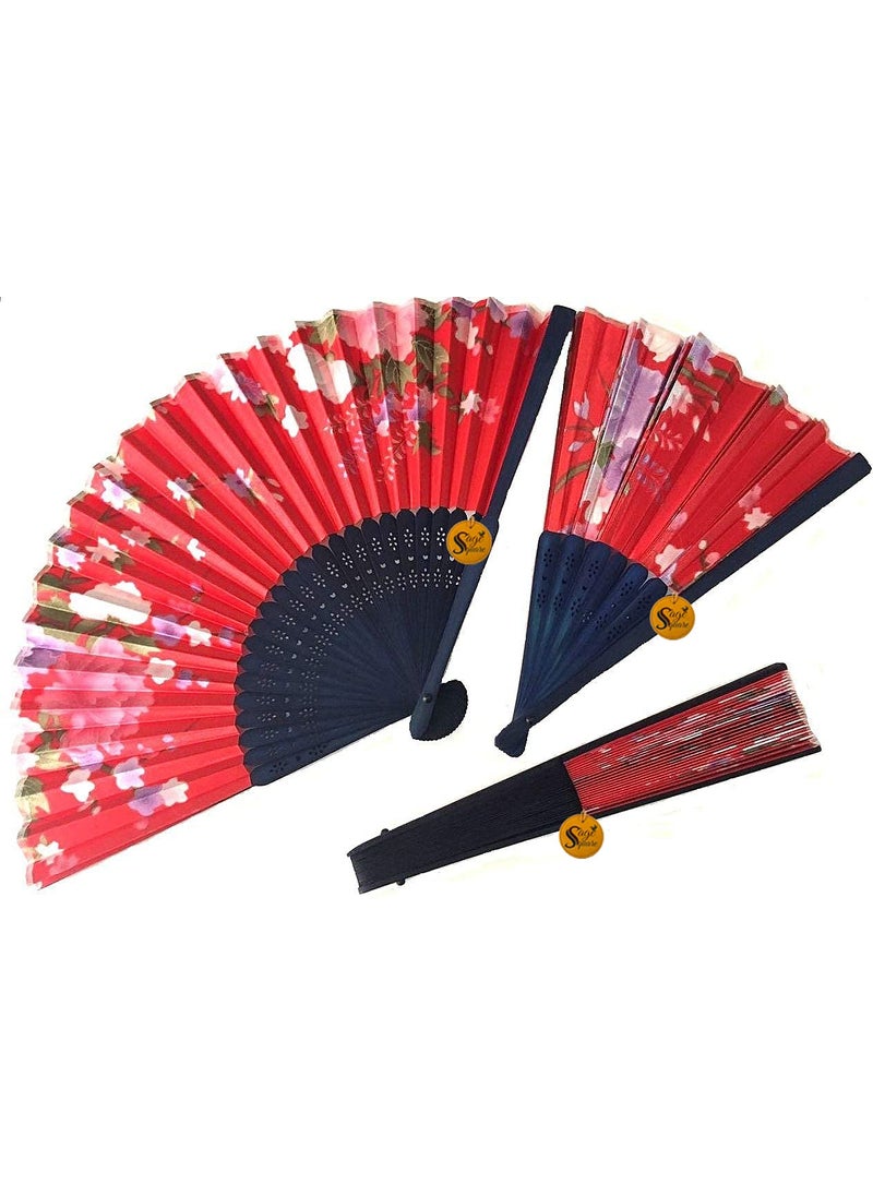 Sage Square Sage Square Handheld Folding Chinese Fan Vintage Fabric Folding Fan for Wedding Dance DecorationBirthday Party Photo Booth Red Pack of 3  - Image 3