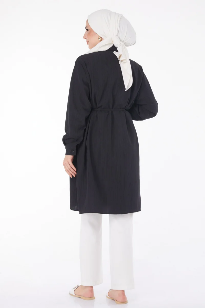 Tofisa Plain Shirt Collar Women's Black Belted Tunic - 25889