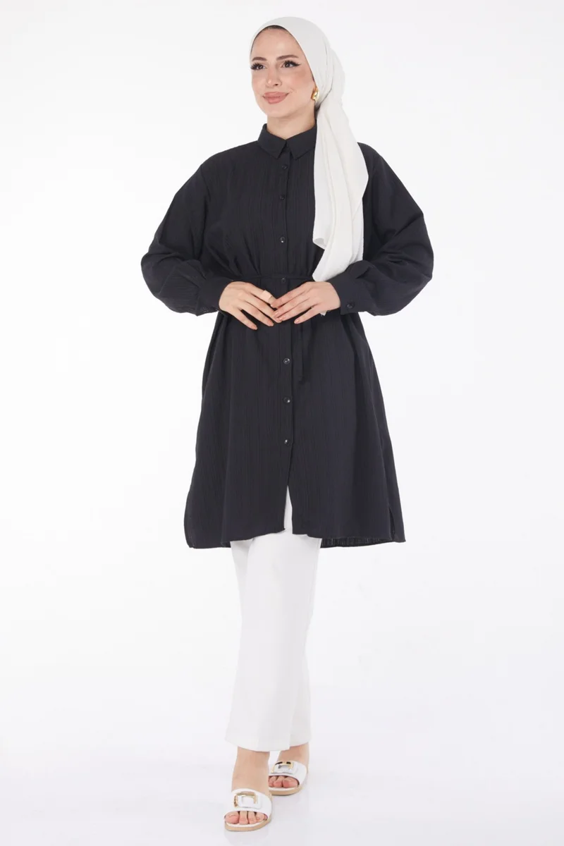 Tofisa Plain Shirt Collar Women's Black Belted Tunic - 25889