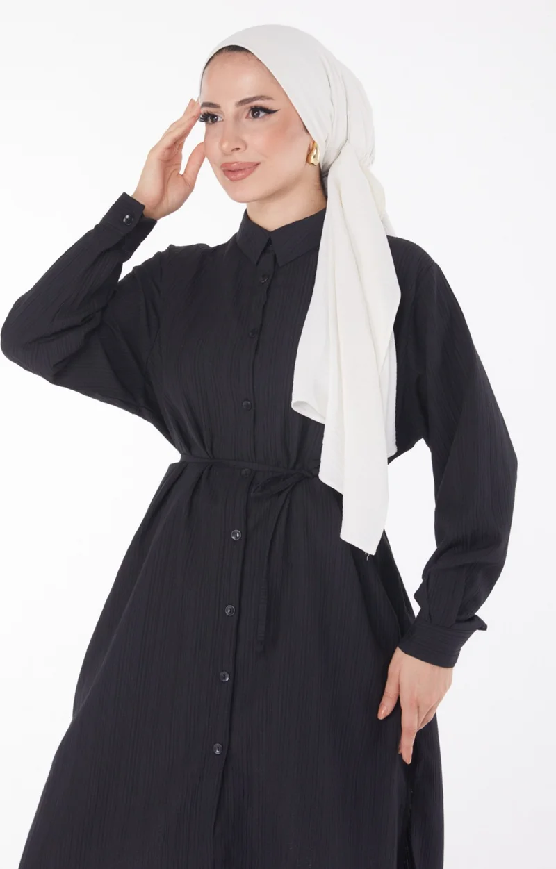 Tofisa Plain Shirt Collar Women's Black Belted Tunic - 25889