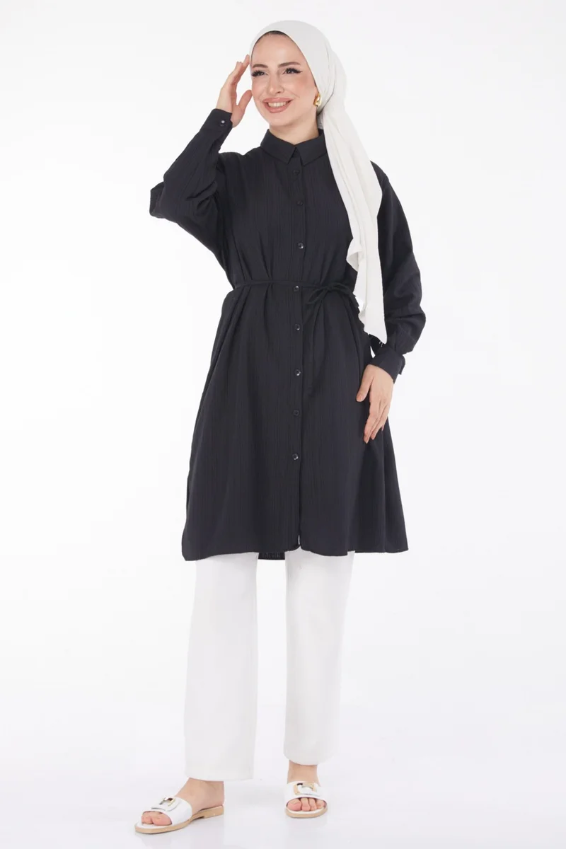 Tofisa Plain Shirt Collar Women's Black Belted Tunic - 25889