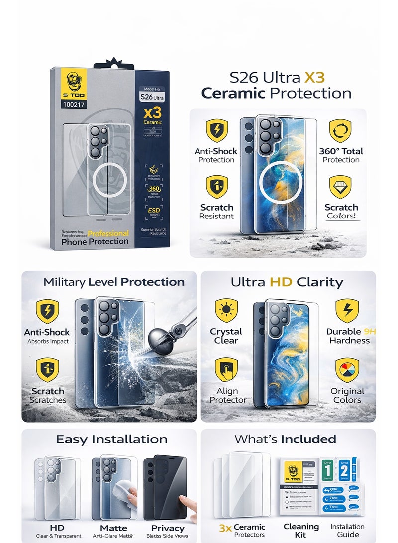 S-TOP integrated protection package for the Samsung S26 Ultra . The package has a new look and complete protection for your phone with a case that supports MageSafe wireless charging from S-Top (10in1) - Image 1