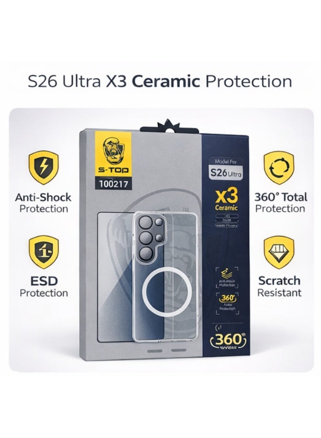 S-TOP integrated protection package for the Samsung S26 Ultra . The package has a new look and complete protection for your phone with a case that supports MageSafe wireless charging from S-Top (10in1) - Image 2