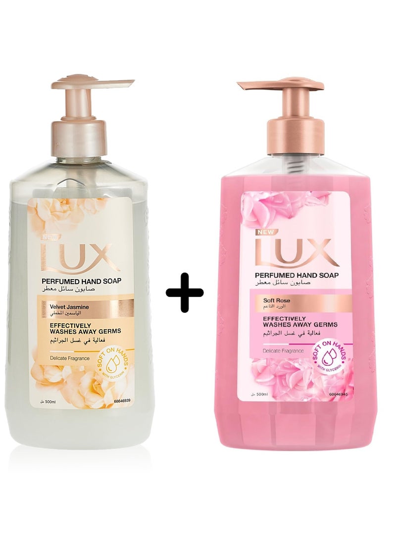 لوكس غسول اليدين المعطر بالورد الناعم ، 500 مل + غسول اليدين المعطر بملمس الياسمين المخملي من لوكس، 500 مل - Image 1