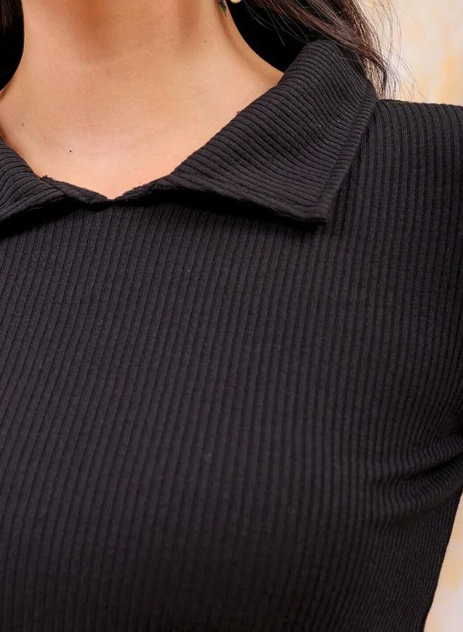 Freehand Freehand Women Black Ribbed Fitted Top with Collar