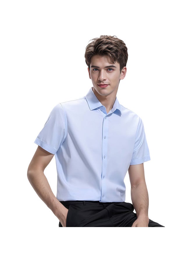 Romon Short-Sleeve Shirt For Men, Business Wrinkle-Free Undershirt, Silky Elastic Top, Dad'S Wear, Lm22 Light Blue, Size M - Image 2