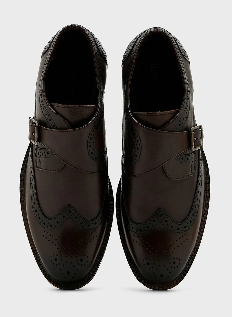 Robert Wood Genuine Leather Wing Cap Design Monk Slip Ons
